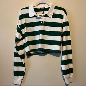 Poster Grl (Dolls Kill) Green and White Striped Cropped Polo Shirt NWT